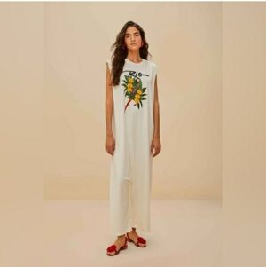 NWT Farm Rio Sleeveless White Harem Jumpsuit with Palm Parrot Print